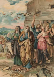 Noach, zijn familie en de dieren verlaten de ark nadat de vloed is gezakt